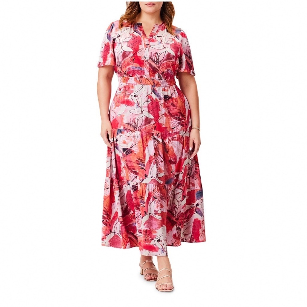 NIC+ZOE Plus Scribble Bouquet Daydream Maxi Dress Pink Multi 2X Floral Satin